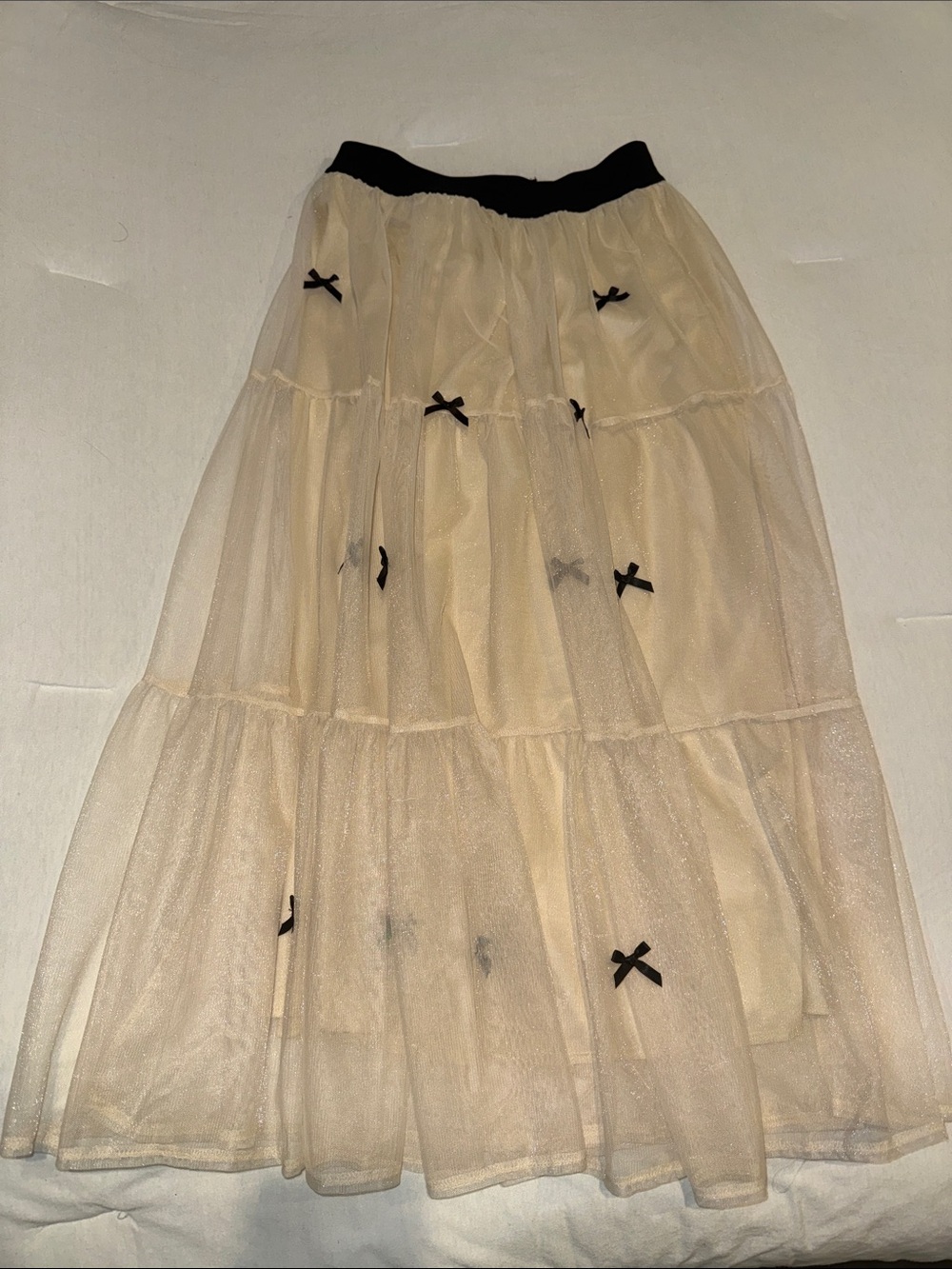 SHEIN Cream Tiered Tulle Maxi Skirt with Black Bows
